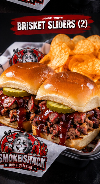 Sam's Smoke Shack Brisket Sliders (2) on soft Hawaiian bread with BBQ sauce and pickles