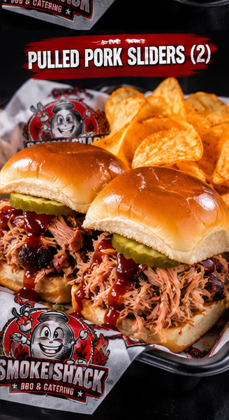Sam's Smoke Shack Pulled Pork Sliders (2) on soft Hawaiian bread with BBQ sauce and pickles