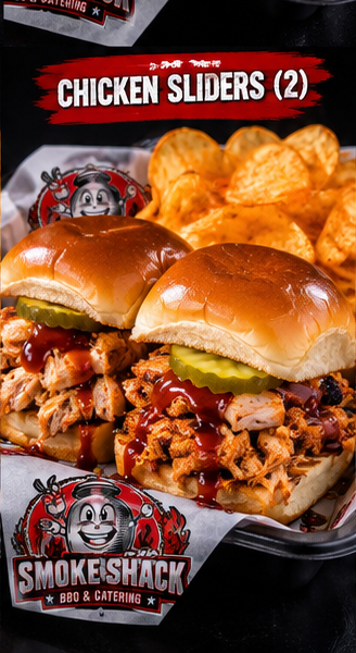 Sam's Smoke Shack Shredded Chicken Sliders (2) on soft Hawaiian bread with BBQ sauce and pickles